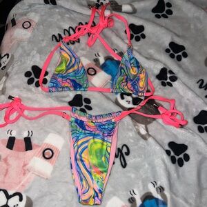 Bright neon pink oil spill mini bikini